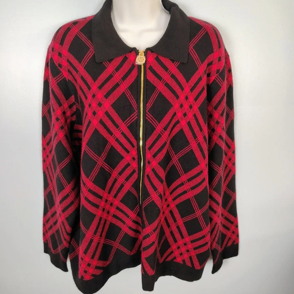 Anne‎ Klein Red Black Plaid Zip Front Cardigan Sweater XL Heavyweight Soft NEW